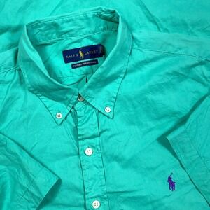 Ralph Lauren Shirt Men Large Teal Purple Featherweight Twill Button Up Camp